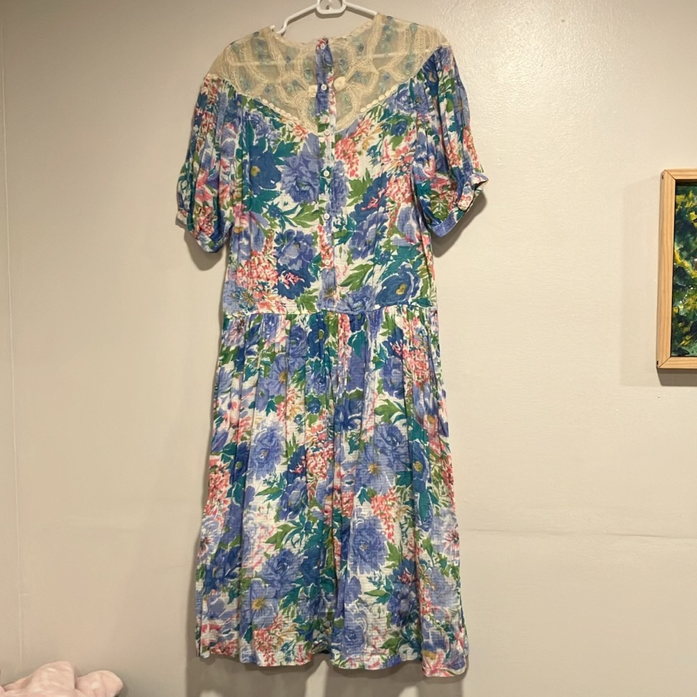 Vintage 1980s Puff Sleeve Lace Dress Size Medium Cottagecore Grandma Core Floral - Picture 9 of 10